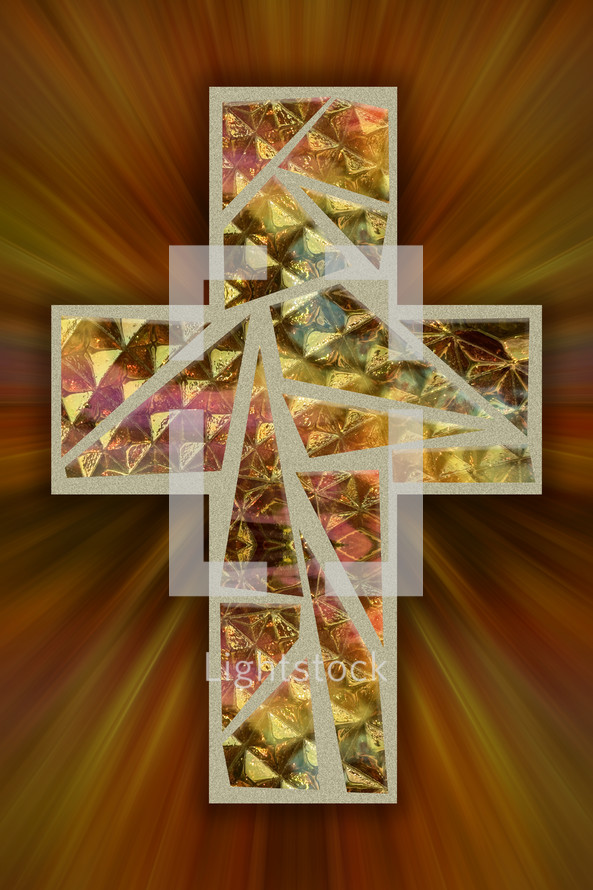 Mosaic cross on gold and orange rays