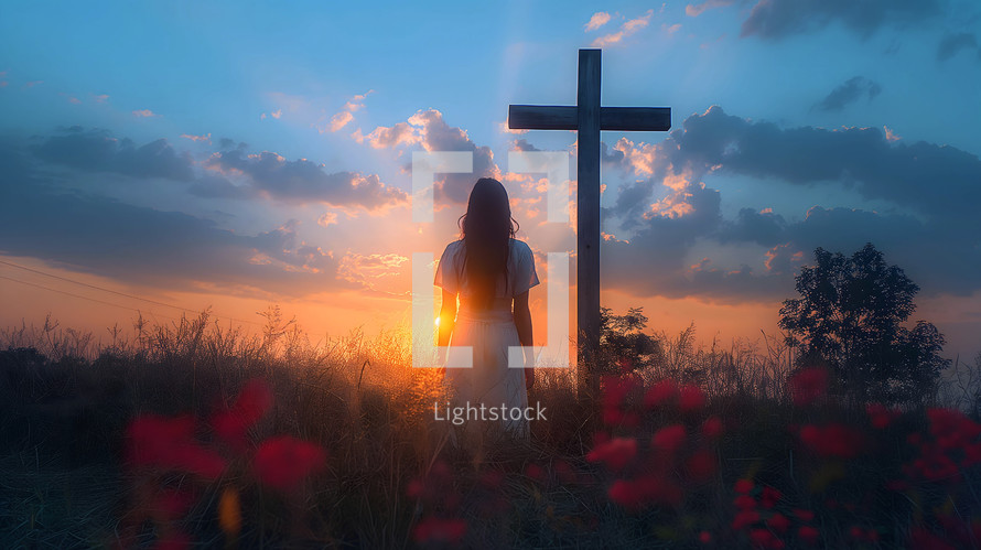 Woman from behind in front of old wooden cross
Woman in front of old wooden cross at sunset. Christianity and worship concept.