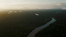 Drone aerial view of river in Amazon Rainforest at sunrise.