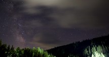 Timelapse Of Clouds And Milky Way Moving Over The Mountains And Forest At Night.