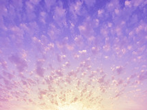 Purple, pink, yellow sky with clouds fanning out