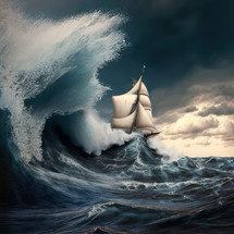 A sailing ship sailing in a storm. Christian and family concept