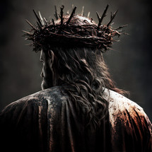 Jesus with the bloody crown of thorns on His head before the crucifixion. Biblical illustration