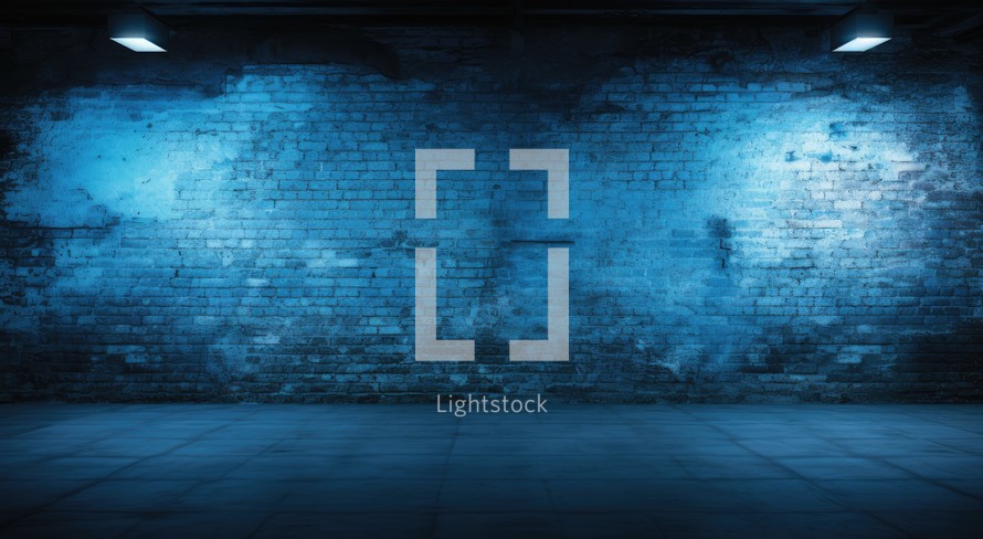 3d rendering of blue brick wall and floor with light spotlights