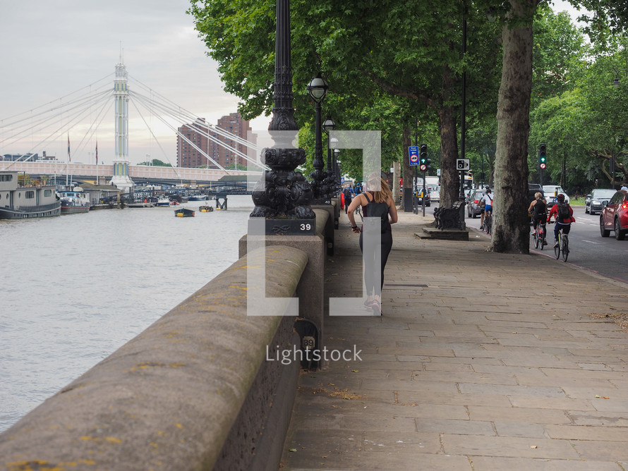 LONDON, UK - CIRCA JUNE 2019: Panoramic view of River Thames in Chelsea, with Albert Bridge