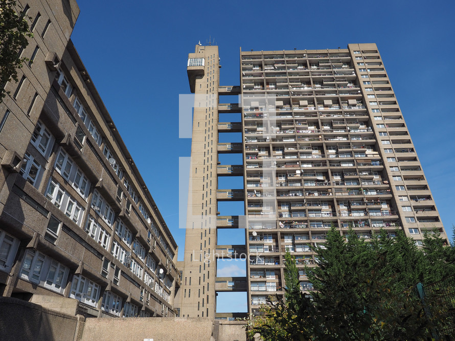 LONDON, UK - SEPTEMBER 28, 2015: The Trellick Tower designed by Erno Goldfinger in 1964 is a masterpiece of new brutalist architecture