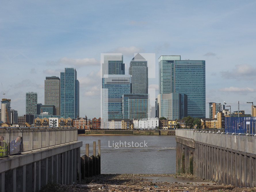 The Canary Wharf business centre in London, UK seen from Greenwich