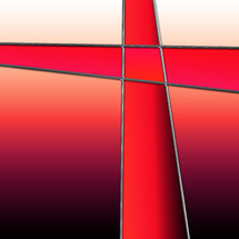 stained glass cross with bold angles and color, in shades of red, orange and pink
