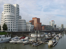 DUESSELDORF, GERMANY - AUGUST 03, 2009: The new Medienafen is a redevelopment area in the former docklands and harbour with buildings designed by Steven Holl, David Chipperfield and Frank O Gehry