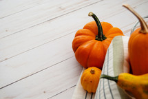pumpkins and gourds on white wood background 