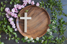 spring blossom frame around teak tray and cross
