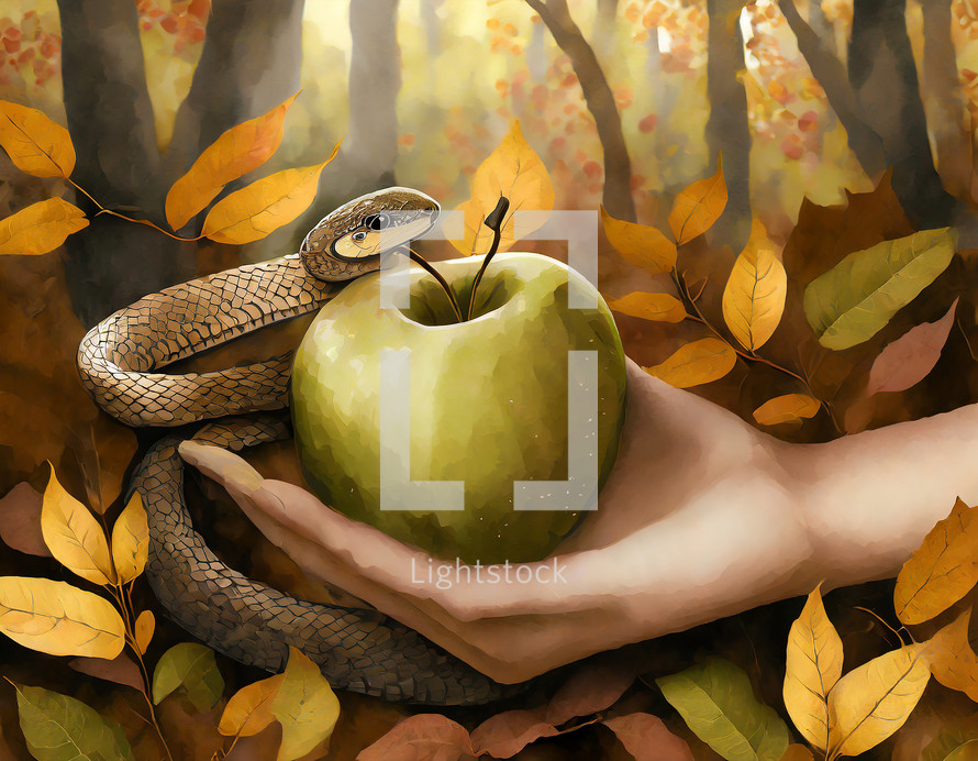 A Hand holding Apple in a Forest with Leaves