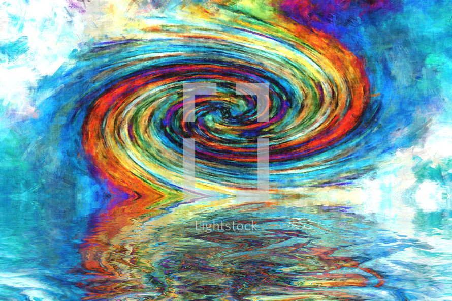 abstract brush stroke spiral painting in bold color with water reflection