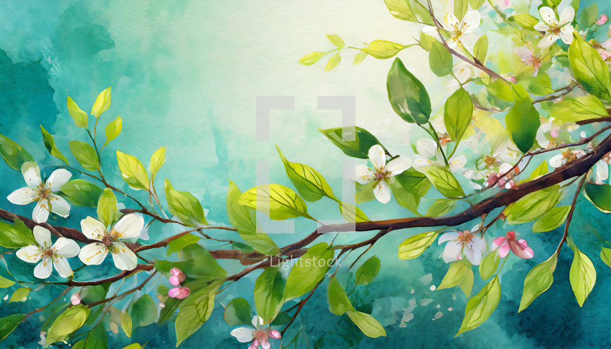 branch of tree in spring time with flowers, leaves and copy space