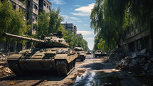 Military tanks patrolling in a city during a war - summer. Ukraine war
