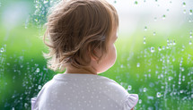 little girl with back to the camera looking out a window with rain condensation