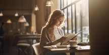 A photo of a woman reading a book in a coffee store