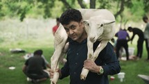 A happy middle eastern, Muslim man smiling as he holds and carries a sheep on his shoulders in cinematic slow motion.