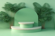 realistic 3d rendering illustration of soft green podium with leaves around for product presentation