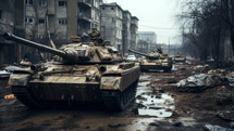 Military tanks attacking an Eastern European city during winter. Russia and Ukraine conflict
