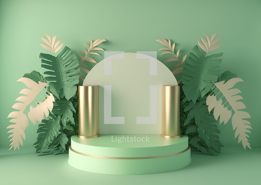 realistic 3d rendering illustration of pastel green podium with leaves around for product podium