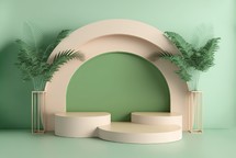 realistic 3d rendering illustration of soft green podium with leaf around for product stand