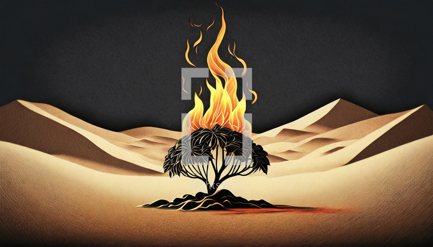 Burning Bush Illustration in a Desert
