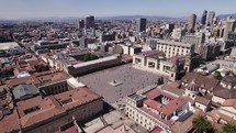 Aerial establishing shot of historic Bolívar Square in Bogotá, Orbit shot. Colombia
