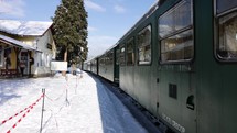 Steam Train At Mocanita Hutulca Railway Station In Moldovita, Romania At Winter. - POV