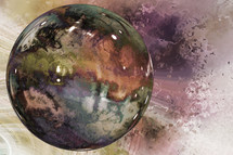 dark sphere on abstract background with paint spatters and splashes - with a muted color effect
