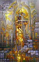 gold gray dramatic church altar wall with cross, created with AI input and further editing