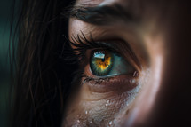 Closeup of a sad looking eye of a woman looking into the distance