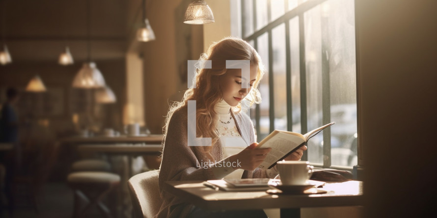 A photo of a woman reading a book in a coffee store