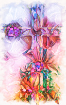 bright multicolored floral cross painting with soft white border from my artwork and AI input and further editing