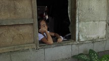 Sad Asian Child Looking Out Window Poverty Slavery