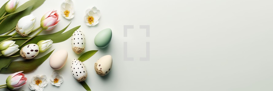 Decorate tulips and eggs on a clean background for an Easter celebration banner