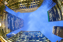 fisheye view of office buildings - editorial use only