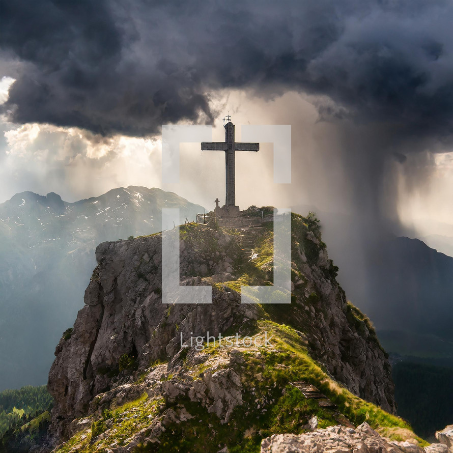 A cross on top of a mountain with a storm in the background creates dramatic lighting.