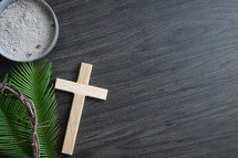 Border of cross, palm leaves, crown of thorns and bowl of ashes