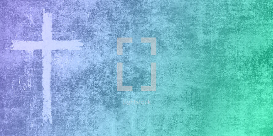 grunge cross on purple, blue and green background with copy space
