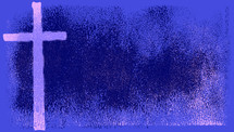 Purple cross on the left over a textural blue background