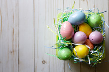 plastic Easter eggs in an Easter basket 