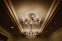 chandeliers on a ballroom ceiling 