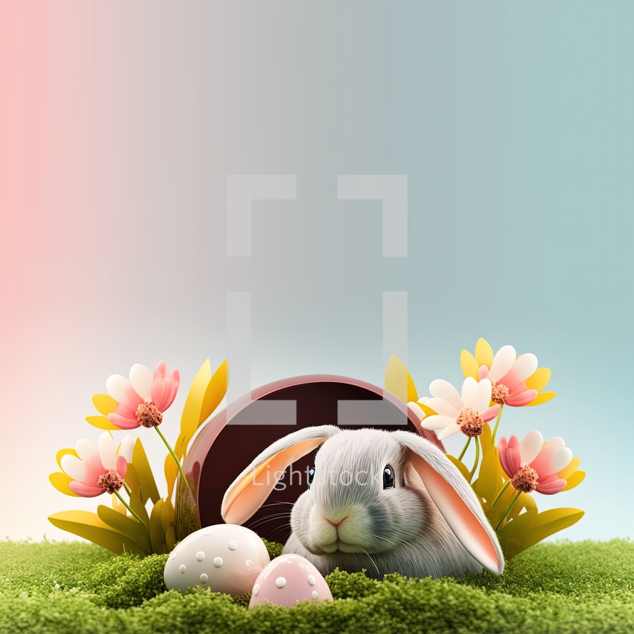 bunny and decorative eggs on green grass and flowers for easter celebration background card