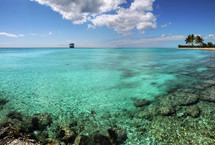 coral reef and distant cruise ship 