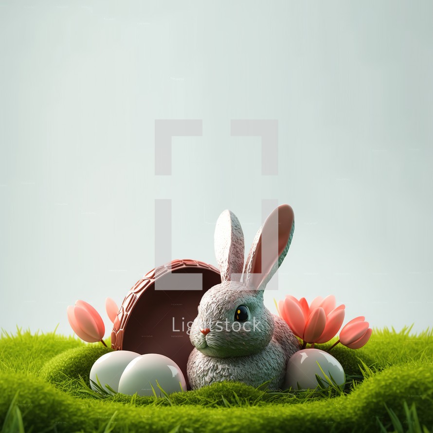 Bunny and decorative eggs on green lawn and flowers for easter holiday celebration background