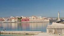 Chania old town and Venetian harbor panorama view. Travel to Greece landscape

