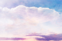 colorful clouds in pink, peach, purple with a light blue sky