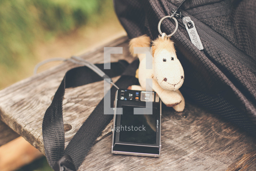 camera, backpack, stuffed animal 
