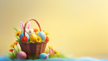 Bunnies inside a basket together with Easter eggs with yellow copy space background